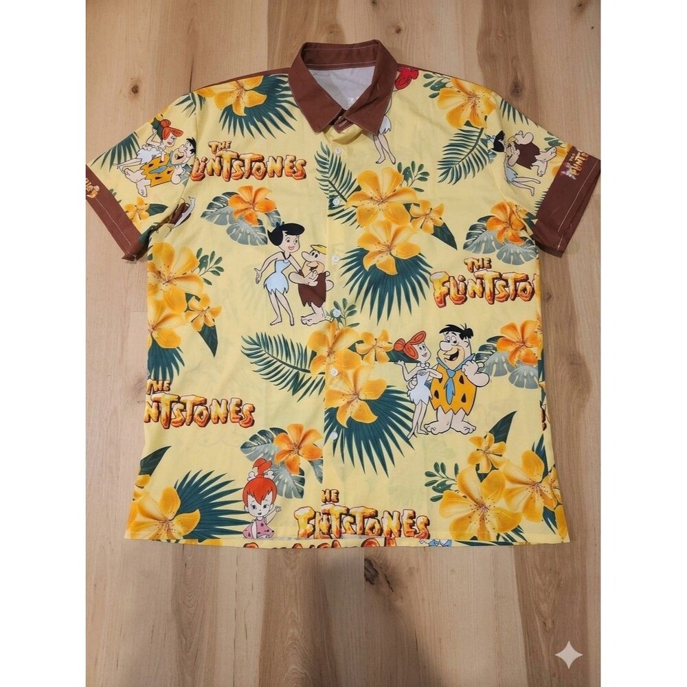 The Flintstones Hawaiian Shirt Men XXL Yellow Tropical Aloha Cartoon Retro 2X 👀